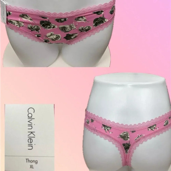 Calvin Klein XL Pink Rose Flower Print Scallop Lace Trim Thong Panties - Picture 1 of 5